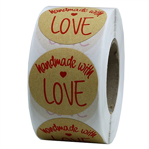 Hybsk Kraft Handmade with Love Stickers with Black Font 1.5" Inch Round Total 500 Labels Per Roll (Type 2)