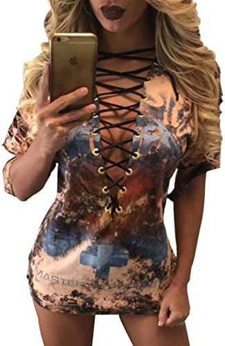 Pretid Women Sexy Floral [Print Deep V Cross Bandage Front Blouse Top