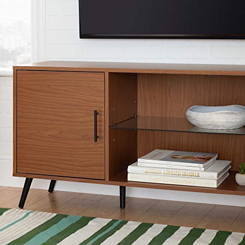 Walker Edison Saxon Mid Century Modern Glass Shelf TV Stand for TVs up