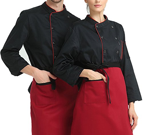 Seven Star Short Sleeve Chef's Jacket Kitchen Cook Coat Stripe Uniforms 3Colors(Black, Red, White) (Large, Black (Long Sleeve)) - Thumbnail 3