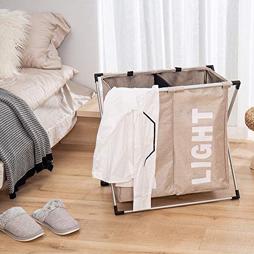 Hosroome 2 Sections Laundry Hamper Laundry Baskets with Aluminum Frame (24"x 15"x 23") Dirty Clothes Bag for Bathroom Bedroom Home College Use,Beige