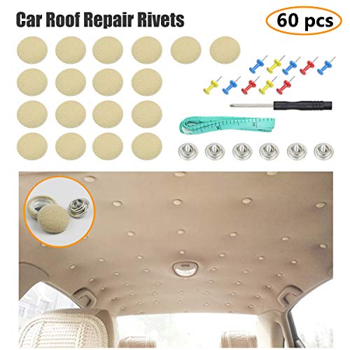 EZYKOO 60 pcs Car Roof Headliner Repair Button, Auto Roof Snap Rivets Retainer Design for Car Roof Flannelette Fixed, with Installation Tool and Fit All Cars(Beige Flannelette)