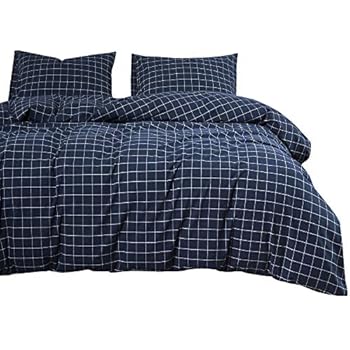 Wake In Cloud - Navy Grid Comforter Set, Navy Blue with White Grid Geometric Pattern Printed, Soft Microfiber Bedding (3pcs, Queen Size)