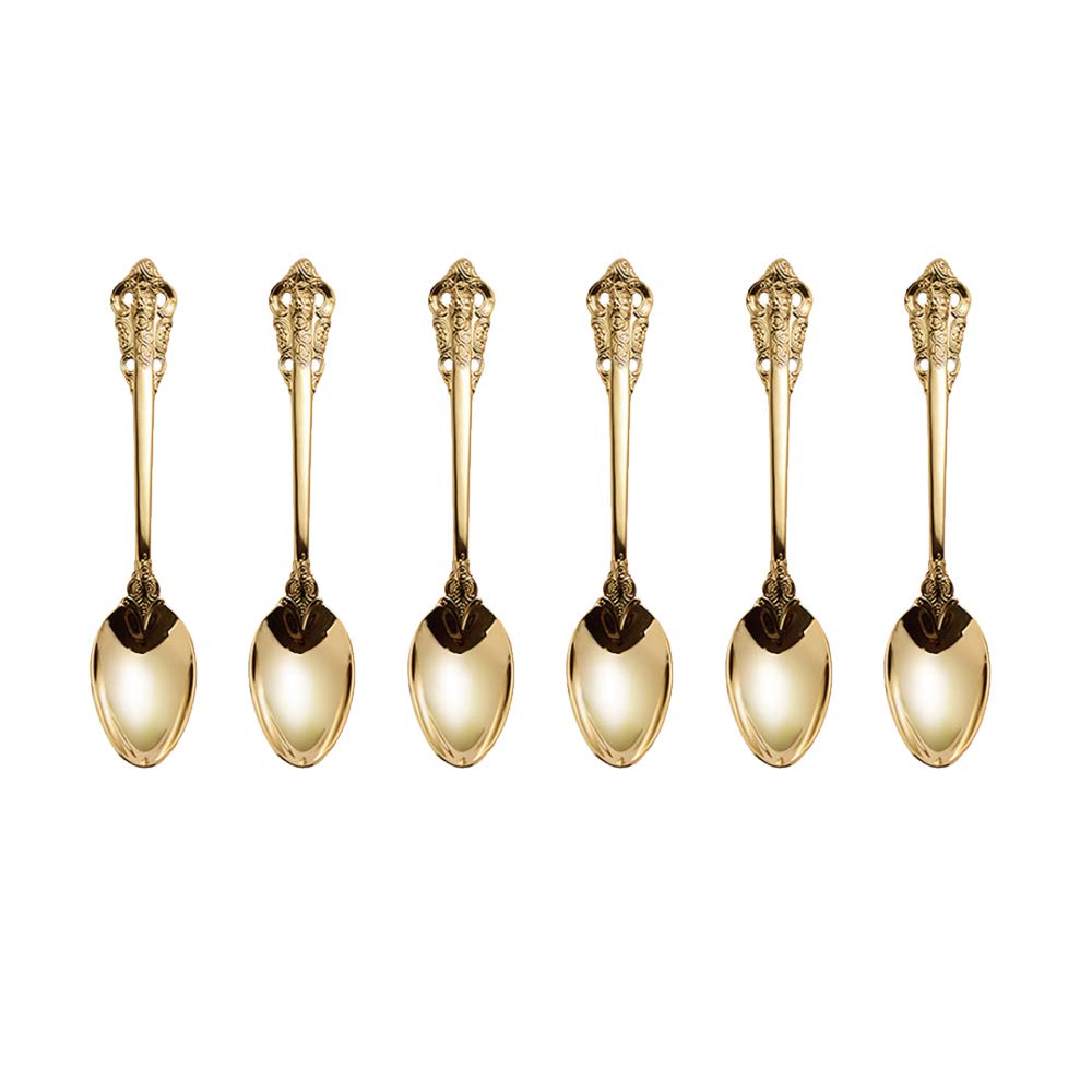 ZFQ 6-Piece 18/10 Stainless Steel Tea Spoon Dessert Spoon, 6.38 Inches, Mirror Polishing, Dishwasher Safety, Golden Color