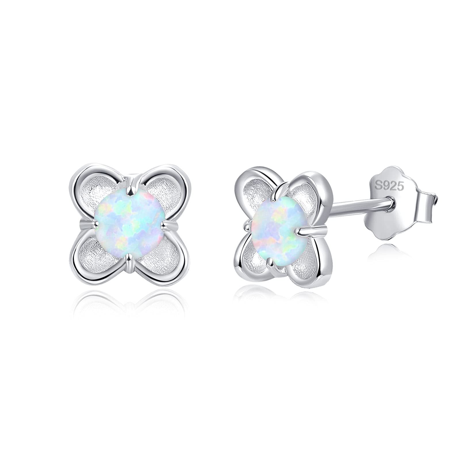 Flower Earrings 925 Sterling Silver Hypoallergenic Opal Stud Earrings Four Leaf Grass Earrings Flower Jewellery Gifts for Women Girls Kids