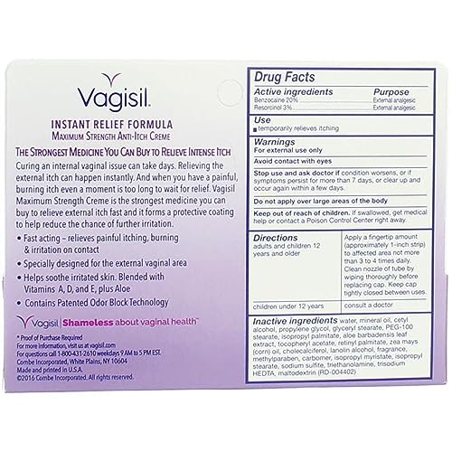 VAGISIL MAXIMUM STRENGTH FEMININE ANTI-ITCH CREAM WITH BENZOCAINE FOR WOMEN, HELPS RELIEVE YEAST INFECTION IRRITATION, GYNECOLOGIST TESTED, FAST-ACTING, SOOTHES AND COOLS SKIN, 1 OZ