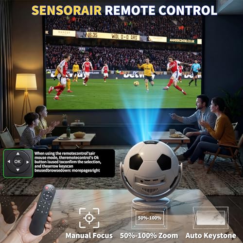 [Built-in Apps & 2026 Football Projector] Mini Projector Support 4K 1280P with WiFi 6 and Bluetooth 5.4, Auto Keystone 360° Rotatable Projector Portable Compatibile with HDMI/TV Stick/USB - White