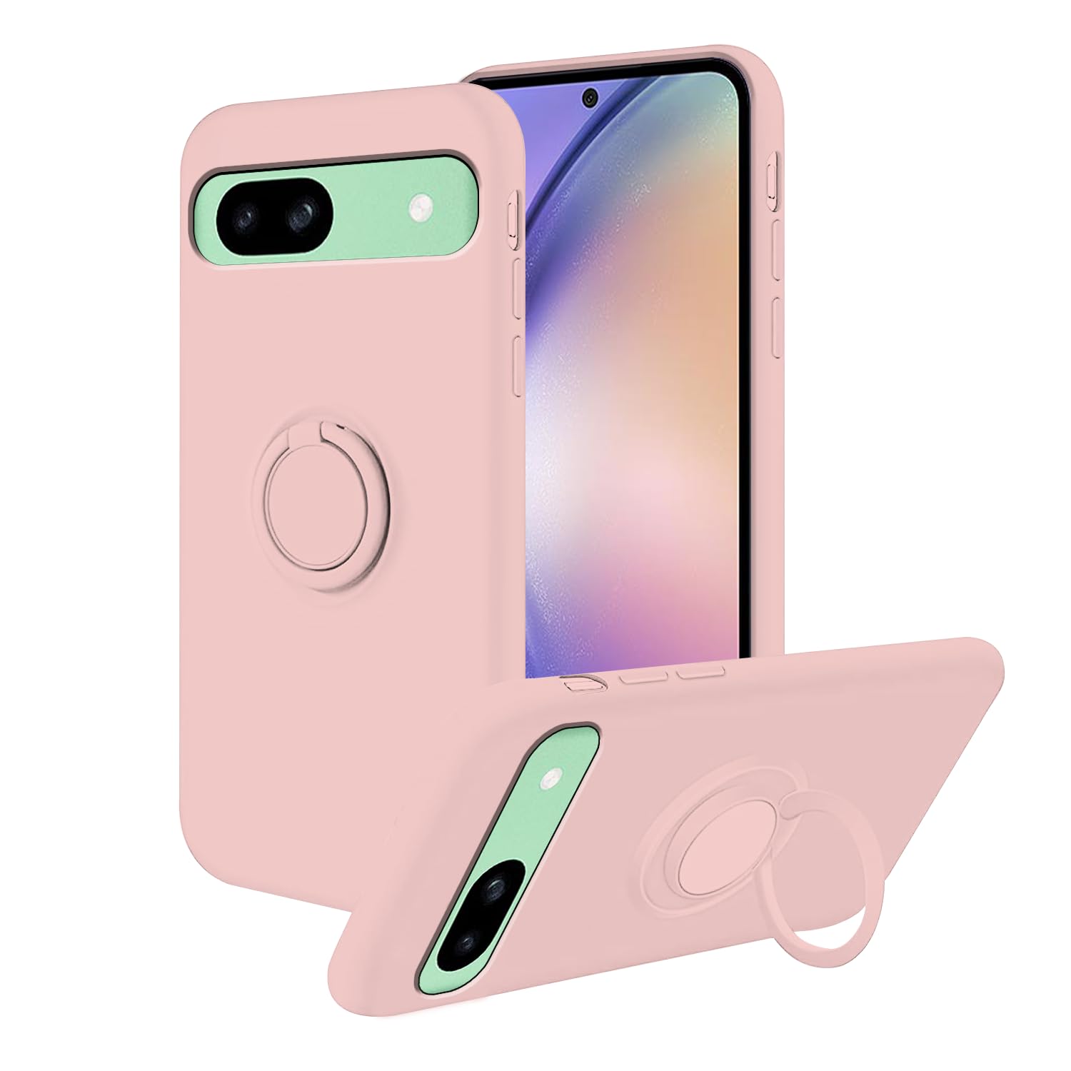Compatible With Google Pixel 8a Case Shockproof with Ring Kickstand, Google Pixel 8a Phone Case Silicone with Full body Cases Cover with Soft Microfiber Lining (Pink)