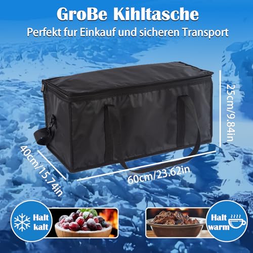 Large Thermal Bag, 60L Foldable Cooler Bag, Reusable Black Thermal Cooler Bag for Picnic, Camping, Outdoor BBQ, Travel, Beach, Shopping