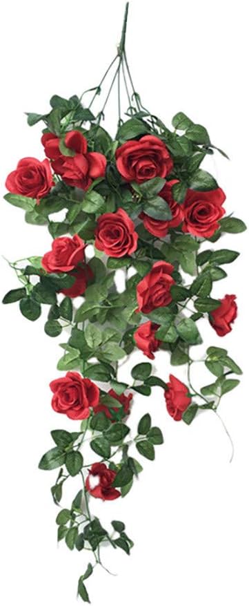 Gotian Simulation Fake Flower Rose Artificial Flowers Silk Flower Vine Wall Hanging Flower Crepe Orchid Hanging Basket Flower Living Room Balcony Home Decoration Flower (Red)