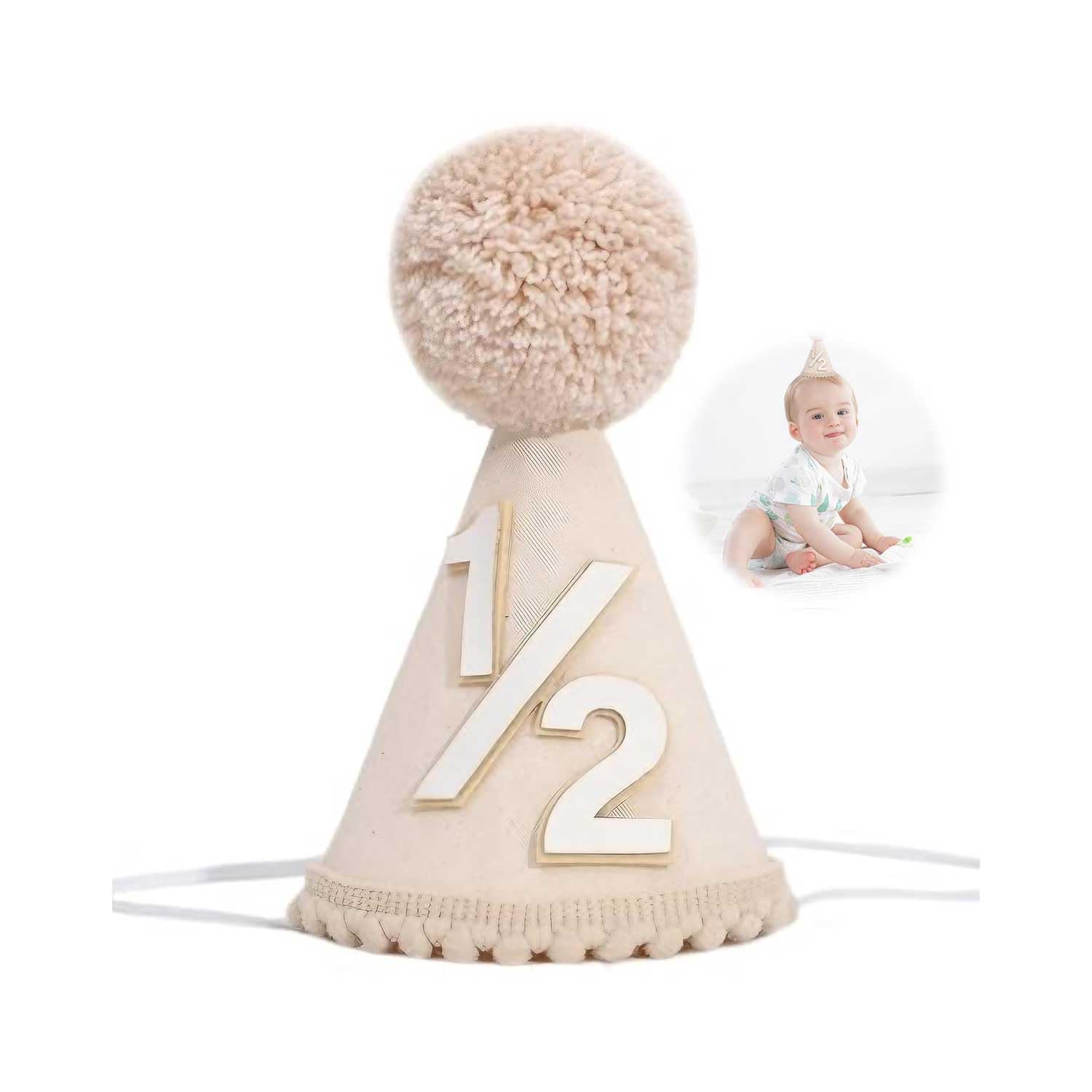 Xheanxu Half Birthday Hat, Baby 1/2 Birthday Cone Hats, Birthday Party Headwear for Children, Six Months Baby Party Hat s Outfit for Girls/Boys (Beige)