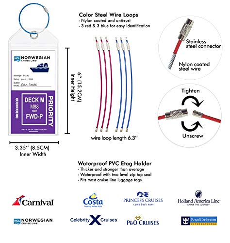 Cruise Luggage Tag Holders & Lanyards with Waterproof ID Key Card Holder. Essential Cruise Ship Accessories Set. 3 Lanyards + 3 ID Holders + 6 Etag Holders. Nautical Collection A