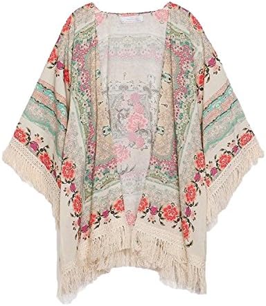 Women's New Vintage Flower Tassels Shawl Cardigan Chiffon Kimono Cardigan Coats Large Floral