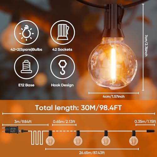 Hoteril Outdoor Garden Light Chain - 30 m, G40 Outdoor Light Chain - 42 + 2 Bulbs, Colour Temperature 2200 K, Plug Powered, Ideal for Garden Arbor, Gazebo, Balcony, Camping
