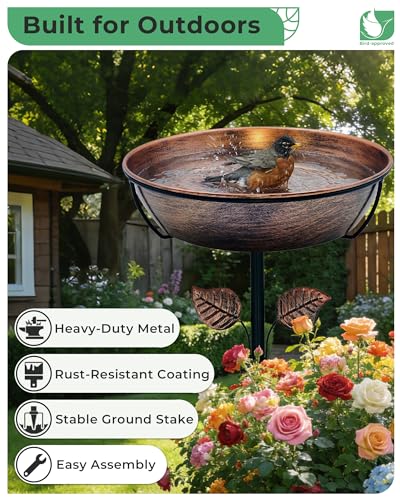 OUISJYER 3" Deep Metal Bird Bath for Outdoors, Removable 13" Dia Bowl with Stable Upgrades Stake, Easy to Clean Birdbaths for Garden Yard Lawn Decor 1.4 Gallon