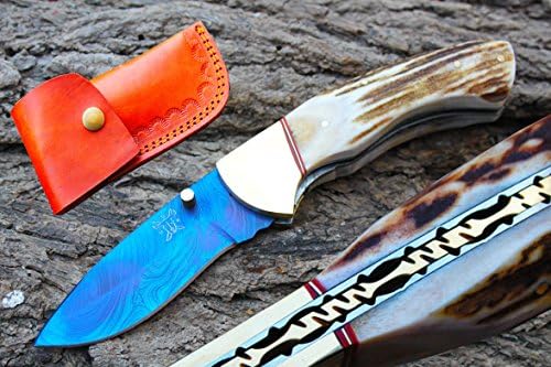 3.4" Blue Titanium Coated Damascus Blade Custom Folding Knife w/File-Work,Liner Lock,Brass Bolster,Stage &amp; Custom Sheath UDK-usaF-201