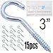 Shells 15Pack Silver Color Zinc Plated 3 Inches Metal Cup Hooks Round End Screw Hooks Self-Tapping Screws Hooks 12#