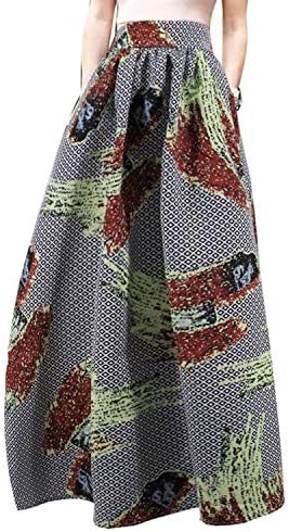 Hoohu Womens Bohemian African Floral Print High Waist Pleated Hem Full/Ankle Length Long Maxi Swing Skirt Dress