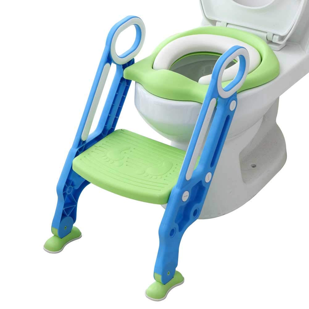 Potty Training Toilet Seat with Step Stool Ladder for Boys and Girls Baby Toddler Kid Children Toilet Training Seat Chair with Handles Padded Seat Non-Slip Wide Step (Blue Green) Image