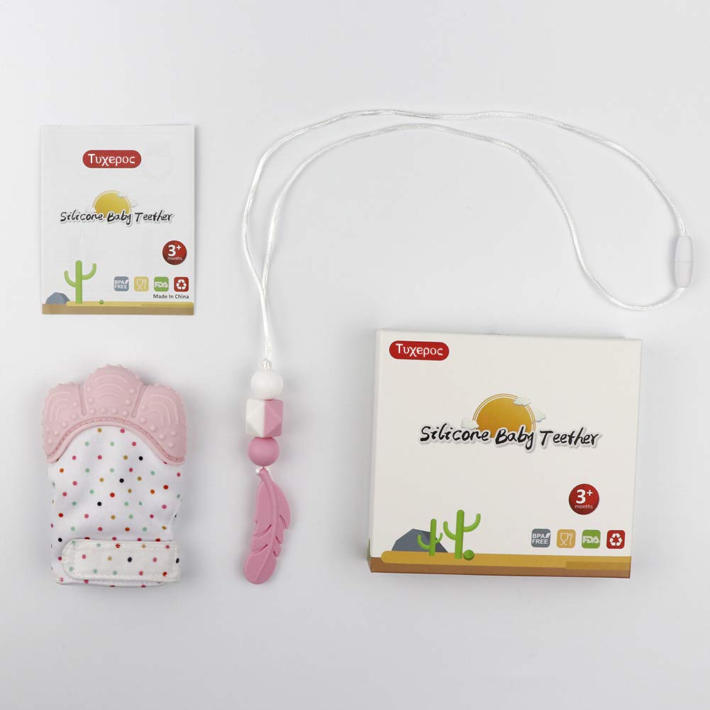 tuxepoc Baby Teething Mittens and Silicone Teething Necklace for mom, Self Soothing Pain Relief Mitt Stimulating,Stylish Chewable Necklace,Silicone Teether Toy,Unisex (Pink)
