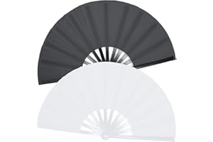OMyTea Large Rave Clack Folding Hand Fans for Men/Women - Chinese Japanese Kung Fu Tai Chi Handheld Fans - for EDM, Music Festival, Club, Event, Party, Dance, Performance, Decoration (Black & White)