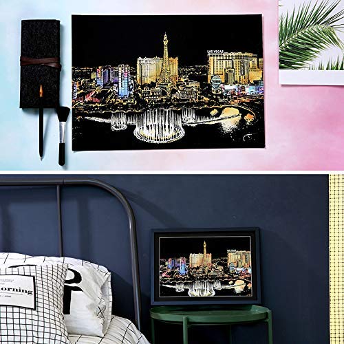 Ageqi Scratch Art Paper Rainbow Painting Sketch Pad for Adult and Kids, DIY Night View Scratchboard - 16'' x 11.2'' with 3 Tools (Las Vegas)