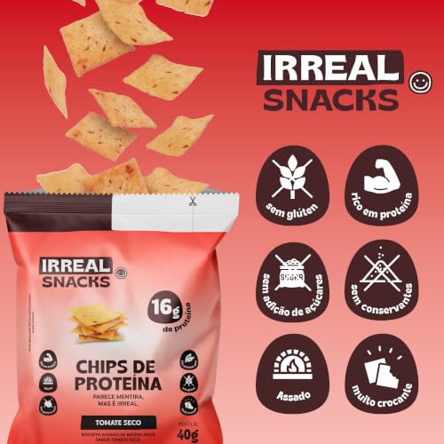Irreal Snacks, Snack Proteico Salgado, Sabor Tomate Seco, 40g, Feito com Batata Doce, Caseinato de Cálcio e Proteína de Arroz
