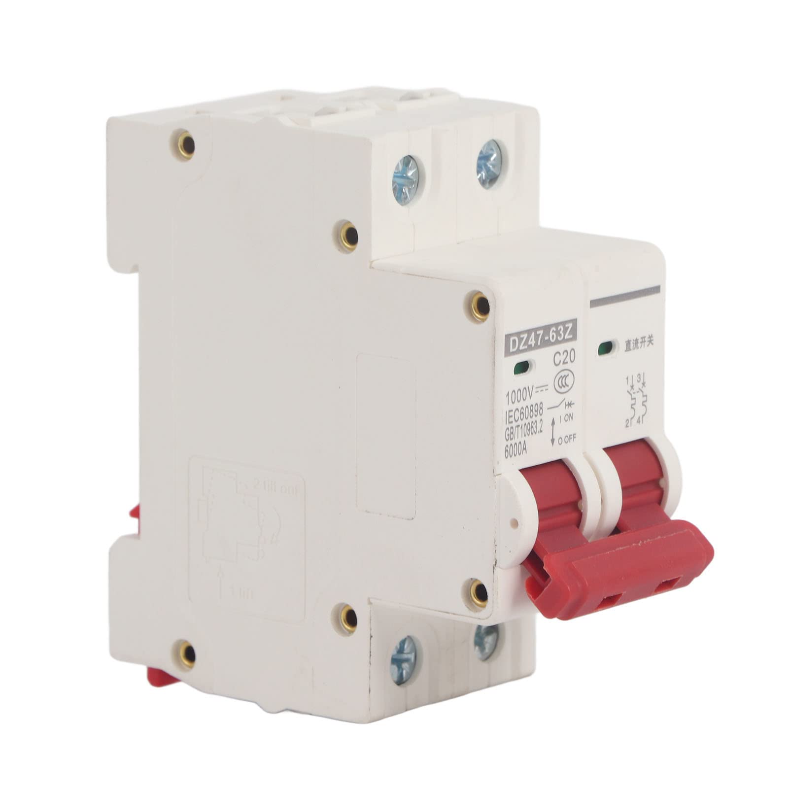 DC Miniature Circuit Breaker, 2P 1000V Disconnect Switch DIN Rail Mount Solar PV System Isolator Electromagnetic Trip Breaker Protector DZ47‑63Z (20A)