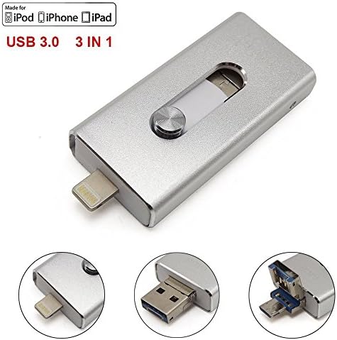 moePower2you 3 in 1 OTG Metal Flash Drive 256GB Mini USB 3.0 Pen Drive For iPhone ipad Apple Android and Windows Device 256GB Silver Gray
