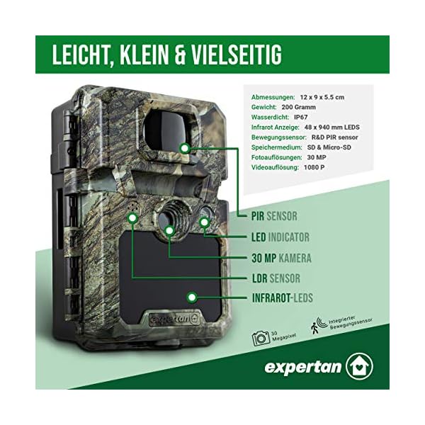 Expertan® Wildtierkamera in Tarnfarbe – 1080P HD Wildkamera mit Video & Bildaufzeichnung - Nachtsichtkamera mit… – Bild 4