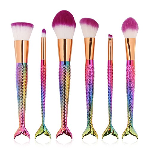 Coshine 6pcs/set Colorful Rainbow Mermaid Nylon Hair Makeup Brush Set, for Foundation, Eyeshadow, Blush, Cream, Concealer, Loose Powder