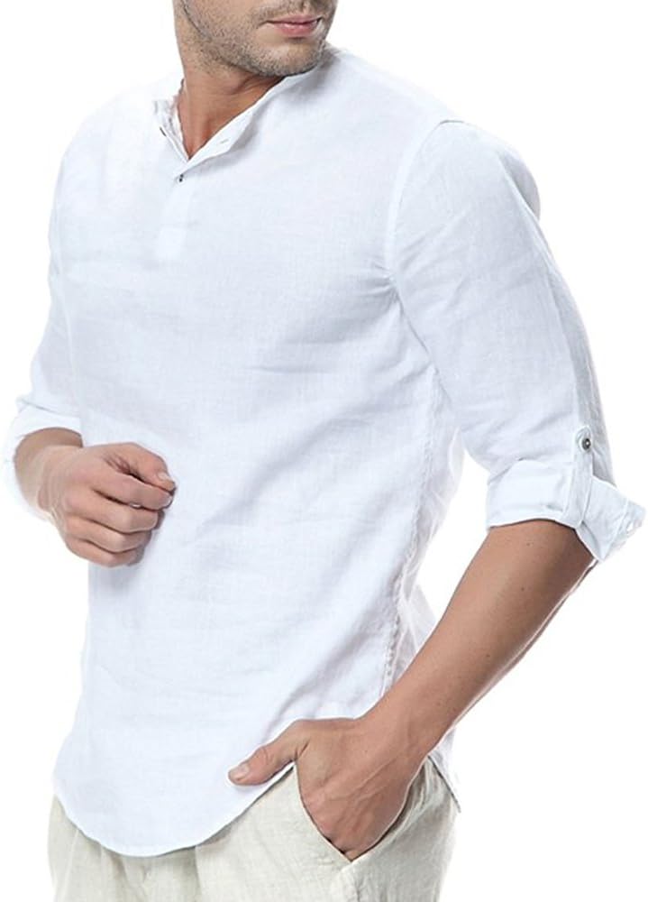 SySea Men's Casual 3/4 Sleeve Linen Henley T-Shirt High Low Solid Beach Yoga Top White