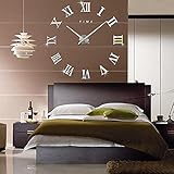 FAS1 Modern DIY Large Wall Clock Big Watch Decal 3D Stickers Roman Numerals Mute Wall Clock Home Office Removable Decoration - Silver (Battery NOT Included)