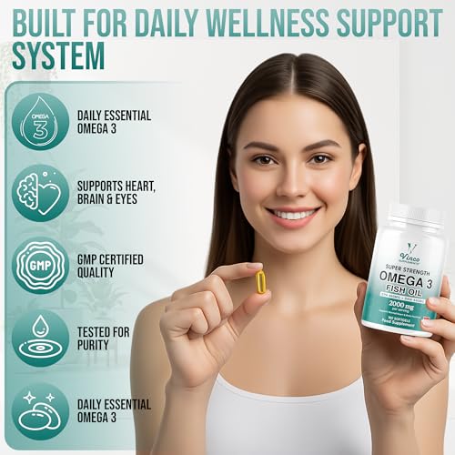 Vinco High Strength Omega 3 Fish Oil 2000mg | EPA 660mg & DHA 440mg Per Serving | Promotes Heart, Brain & Eye Health | Non-GMO GMP Certified 180 Omega 3 Softgels Capsules (3 Month Supply) - UK Made