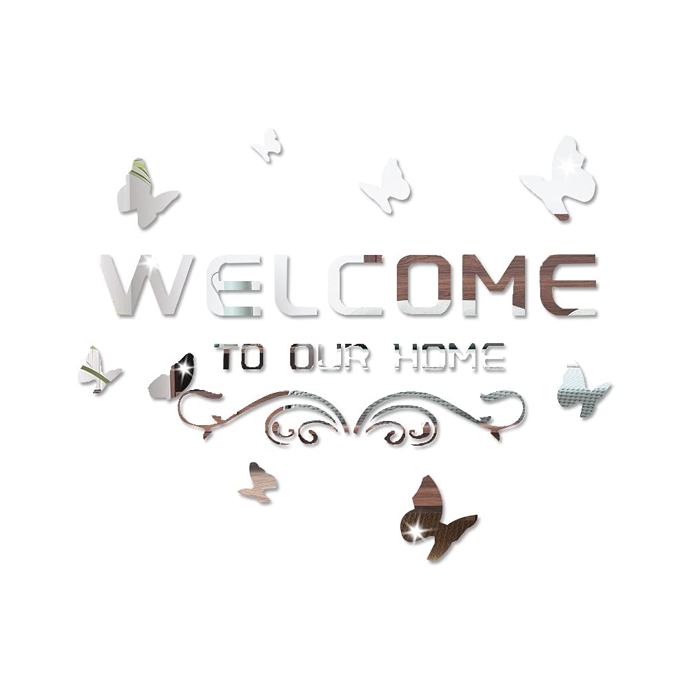 Welcome to Our Home Acrylic Mirror Wall Stickers Sign Letters with Butterfly and Vine, Removable Mirror Wall Decals, Art Murals for Living Room, Door, Porch Decoration (Silver)