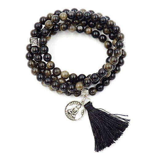 Mala Beads Bracelet, Buddhist Mala Prayer Beads, Buddha Bless Me Statement Necklace (Golden Obsidian)