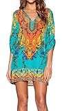 Relipop Women's 3/4 Sleeve Ethnic Style Bohemian Printed Mini Floral Tunic Dress (X-Large, Type 3)