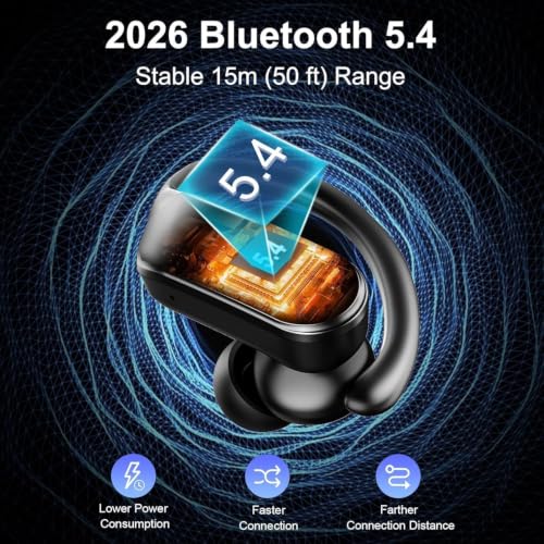 Wireless Earbuds Sports, 2026 Bluetooth 5.4 Headphones with 70H Deep Bass Over Ear Buds, IPX8 Waterproof ENC Noise Cancelling Earphones, Running Headphones with Earhooks, USB-C Headset for Workout/Gym