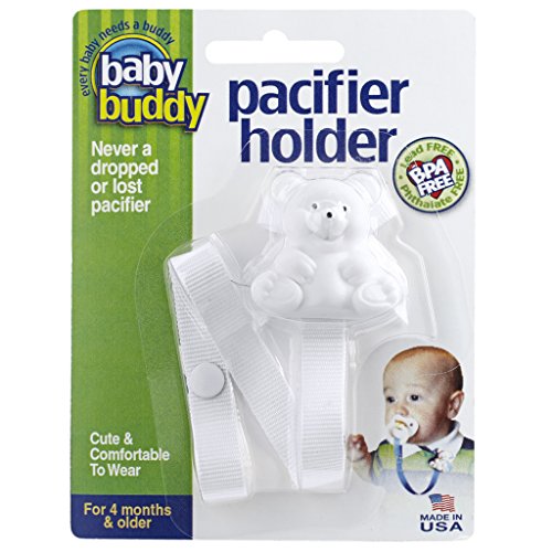 Baby Buddy Pacifier Holder Clip - Cute Fashionable Bear Clips onto Babyâ€™s Shirt, Snaps to Paci, Teether, Toy - For Babies 4+ Months - Pacifier Clip for Toddlers Boys & Girls, White, 1 Count