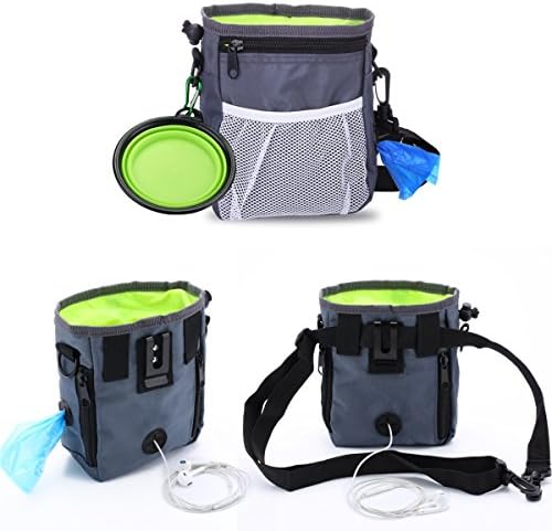 Pet snack package with Silicone Collapsible Pet Bowl and 1 Roll of Pet Waste Bags &amp; Another Roll of Earphones, Carries Pet Toys Treats Dog Treat Training Pouch Built-in Poop Bag Dispenser Grey