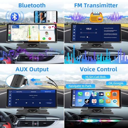 Podofo 10.26 Inch Portable Car Stereo with A-pple Carplay Android Auto Wireless, Touch Screen 7-32V, Voice Assistant Rear Camera/Bluetooth/FM Transmitter/AUX/TF Card