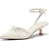 Coutgo Satin Kitten Low Heels with Bow Closed Pointed Toe Short Pumps Dress Wedding Party Shoes