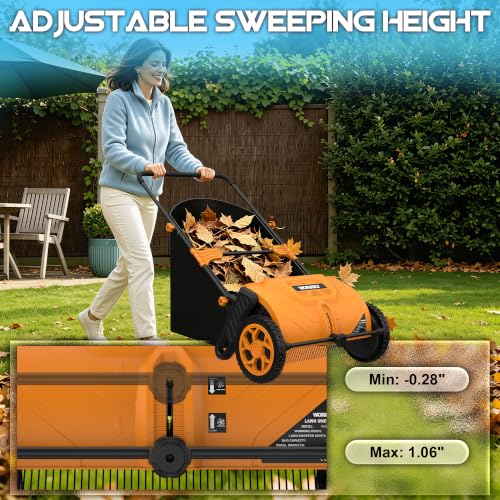 WORKSKY Premium Garden Lawn Sweeper with Brush Rake, Efficient Grass Leaf Collector for Lawn Yard Backyard Outdoor Cleaning,105L Debris Collection Bag