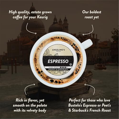 Angelino's Coffee Espresso Pods Made for Keurig Machines - 24 Count, Dark Roast Coffee for Keurig K-Cup Brewers, Cafe Style, Best Strong Espresso Coffee Pods (24 Count, Espresso)