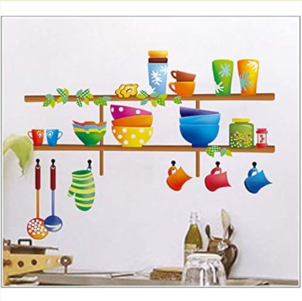 Colore Cuisine Etageres Mur Autocollant Dessin Anime Bol Gourde Louche Scoop Ustensiles De Cuisine Sticker Mural Pour Cuisine Salle A Manger Decor Amazon Fr Bricolage