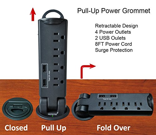 Electriduct Dekstop Pull-Up PowerTap Grommet with Surge Protector and USB Charger 2.4 Amp