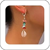 Xduargs Boho Shell Drop Earrings Gold Cowrie Shell Earrings Vintage Colorful Stone Dangle Earrings Summer Beach Shell Hoop Earrings Jewelry for Women