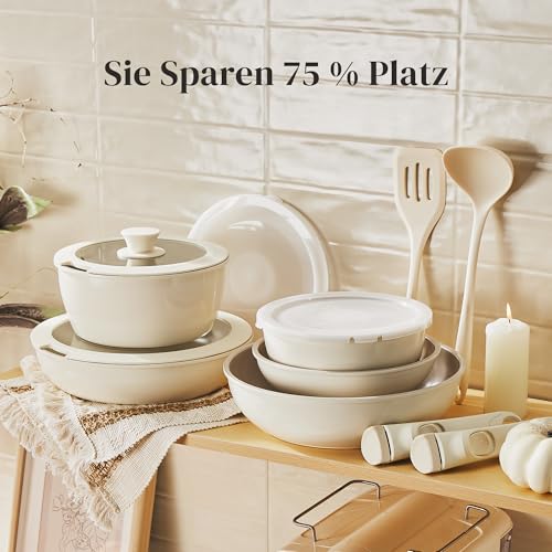 Redchef Pan Set, 16-Piece Non-Stick Ceramic Cookware Set with Removable Handles, Pan 20/26 cm, Deep Frying Pan 26 cm, Pot 18/20 cm, Stackable Pot Set for All Hobs, Oven Safe