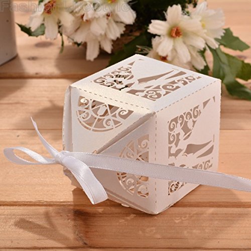 PONATIA 50pcs/Lot 2.3 Inches Laser Cut Pearl Paper Party Wedding Favor Ribbon Candy Boxes Gift Box White (Bride and Groom)