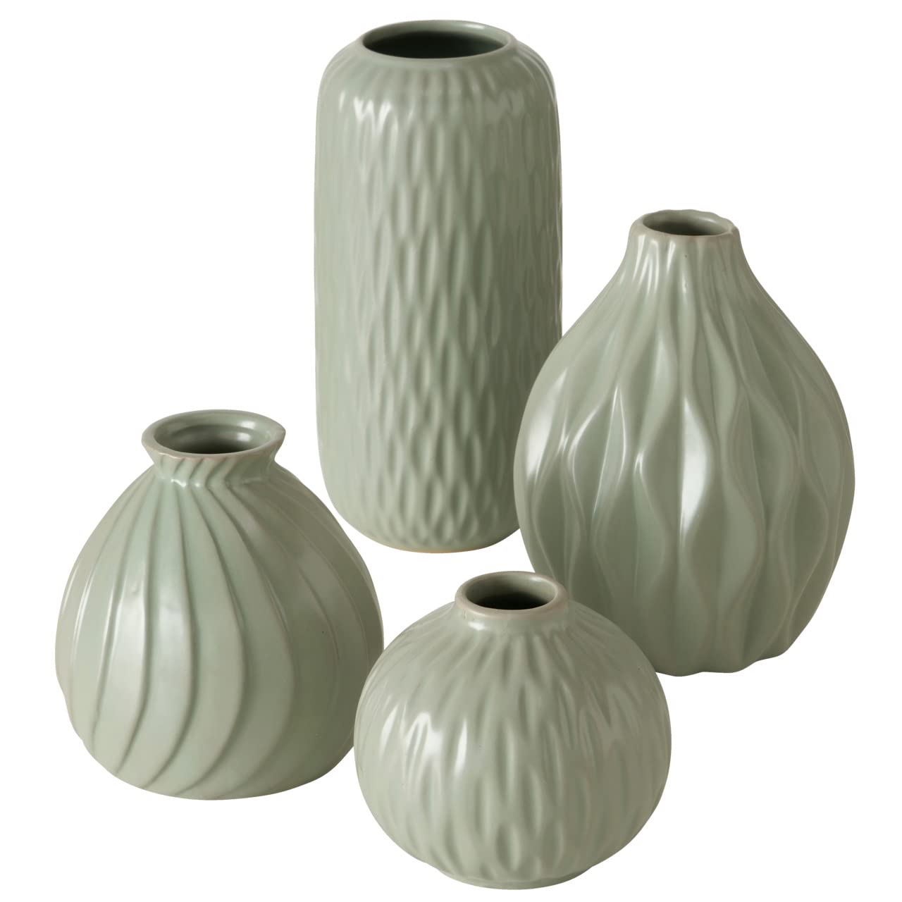 Boltze Zalina 2025736 Vase Set of 4 Green Flower Vases Porcelain Glazed Decorative Vases Various Patterns and Sizes Height 9-19 cm Diameter 9-11 cm